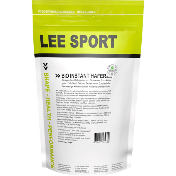 Sack mit Bio Instant Haferpulver von Lee Sport, veganes Supplement, Inhalt 1kg