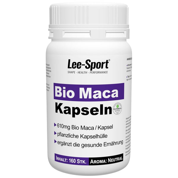 Behälter mit Bio Maca Kapseln, veganes Supplement von Lee Sport