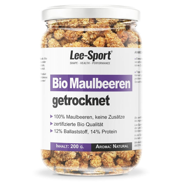 Glasbehälter mit Bio Maulbeeren getrocknet von Lee Sport, veganes Supplement, Inhalt 200g