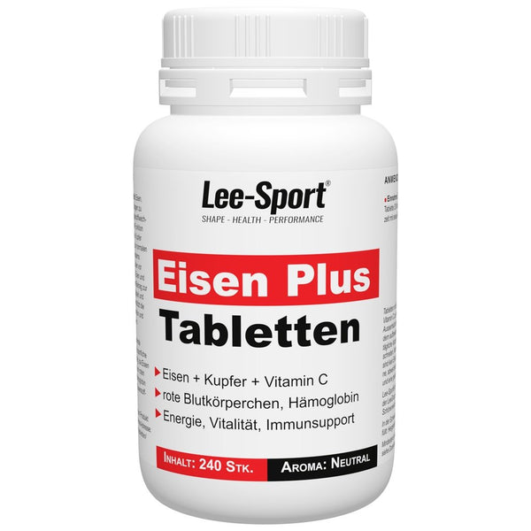 Behälter mit Eisen Plus Tabletten von Lee Sport, veganes Supplement, Inhalt 240 Stück