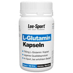 Behälter mit L-Glutamin Kapseln von Lee Sport, veganes Supplement, Vorderseite, Inhalt 160 Stück